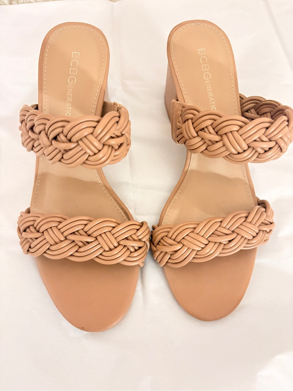 BCBGeneration Braided Double-Strap Slide Sandals in Beige